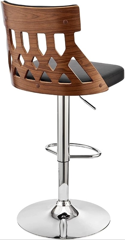 Azarion Adjustable Swivel Black Faux Leather & Walnut Wood Bar Stool With Chrome Base