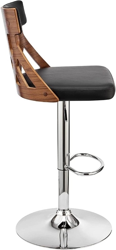 Azarion Adjustable Swivel Black Faux Leather & Walnut Wood Bar Stool With Chrome Base