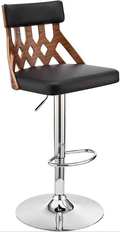 Azarion Adjustable Swivel Black Faux Leather & Walnut Wood Bar Stool With Chrome Base
