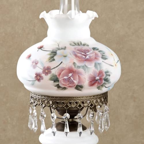 Beatrice Hurricane Rose Table Lamp Pink One Size - 24 Inches High - Victorian Style - Crystal Beads, Glass - Floral Aesthetic, Roses - Electric - Vintage Antique Parlor Lamps for Home Desk, Bedroom