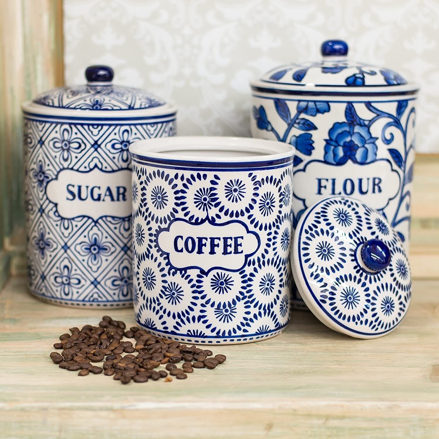 Beautiful Decorative Sugar, Coffee, and Flour Canisters 