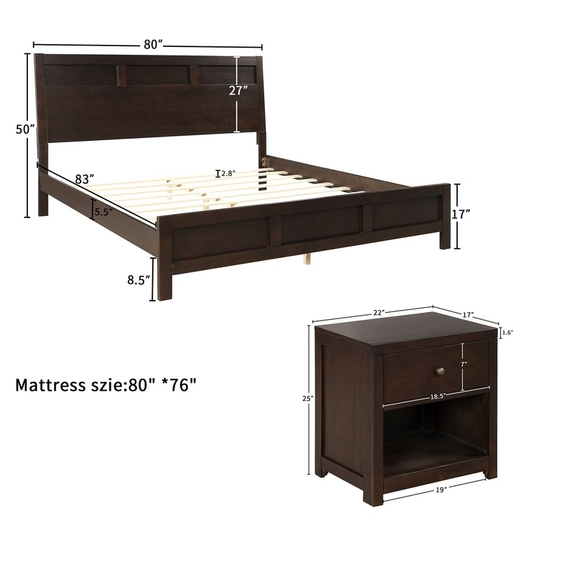 Benfer Bedroom Elegant Furniture 3 Piece Set, Queen Bed + 2 Nightstand, Pine Wood Frame