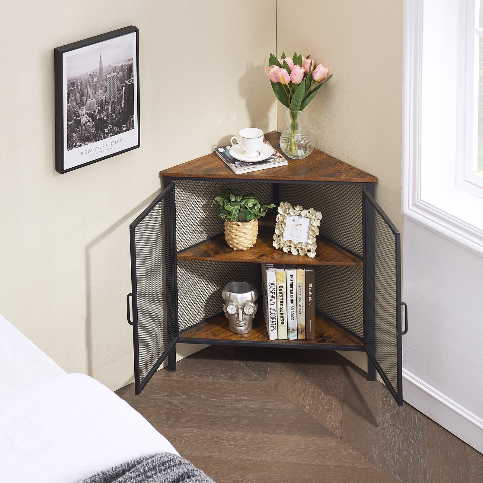 Black Brass Corner Table With Mesh Front 