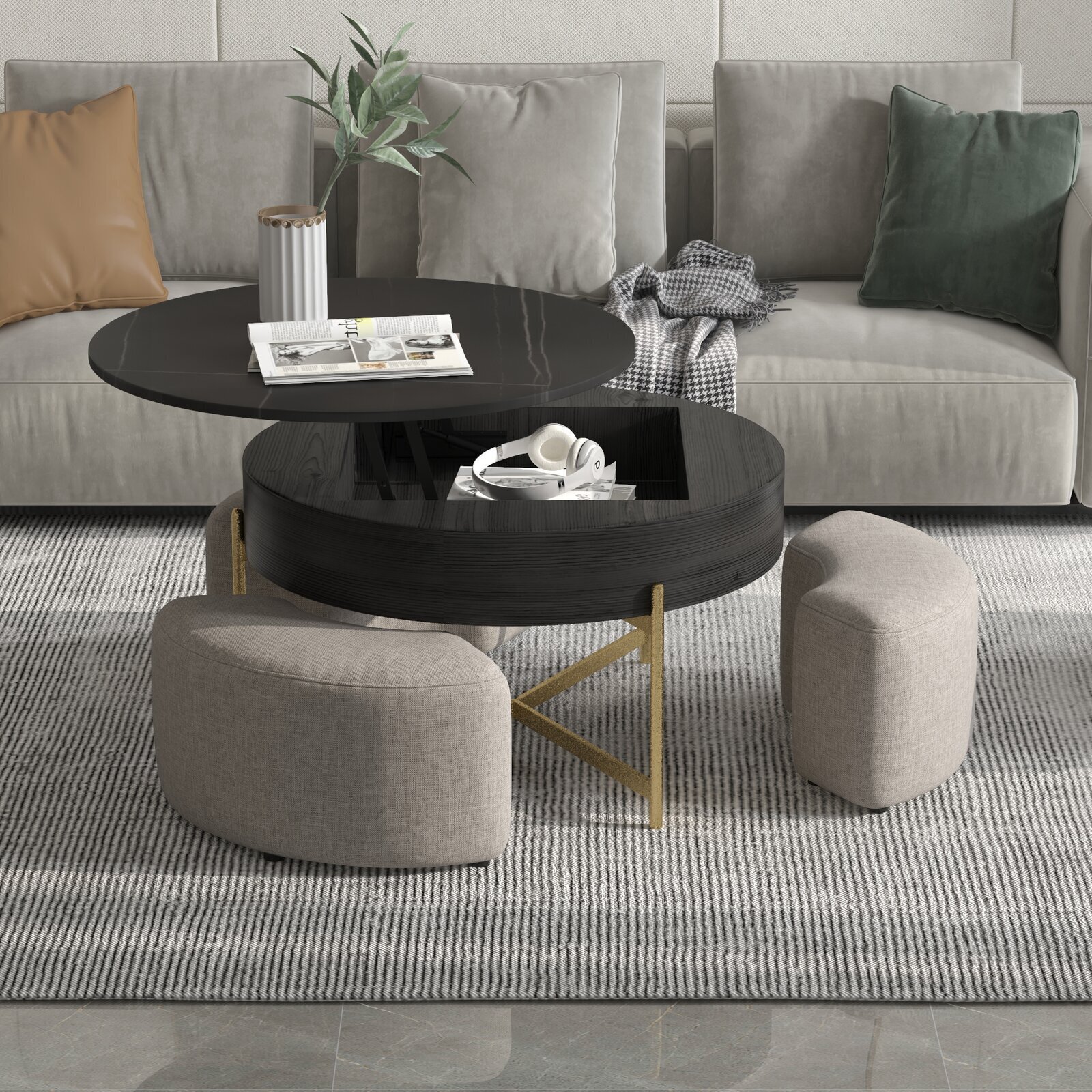 Black Lift Coffee Table With Beige Stools 