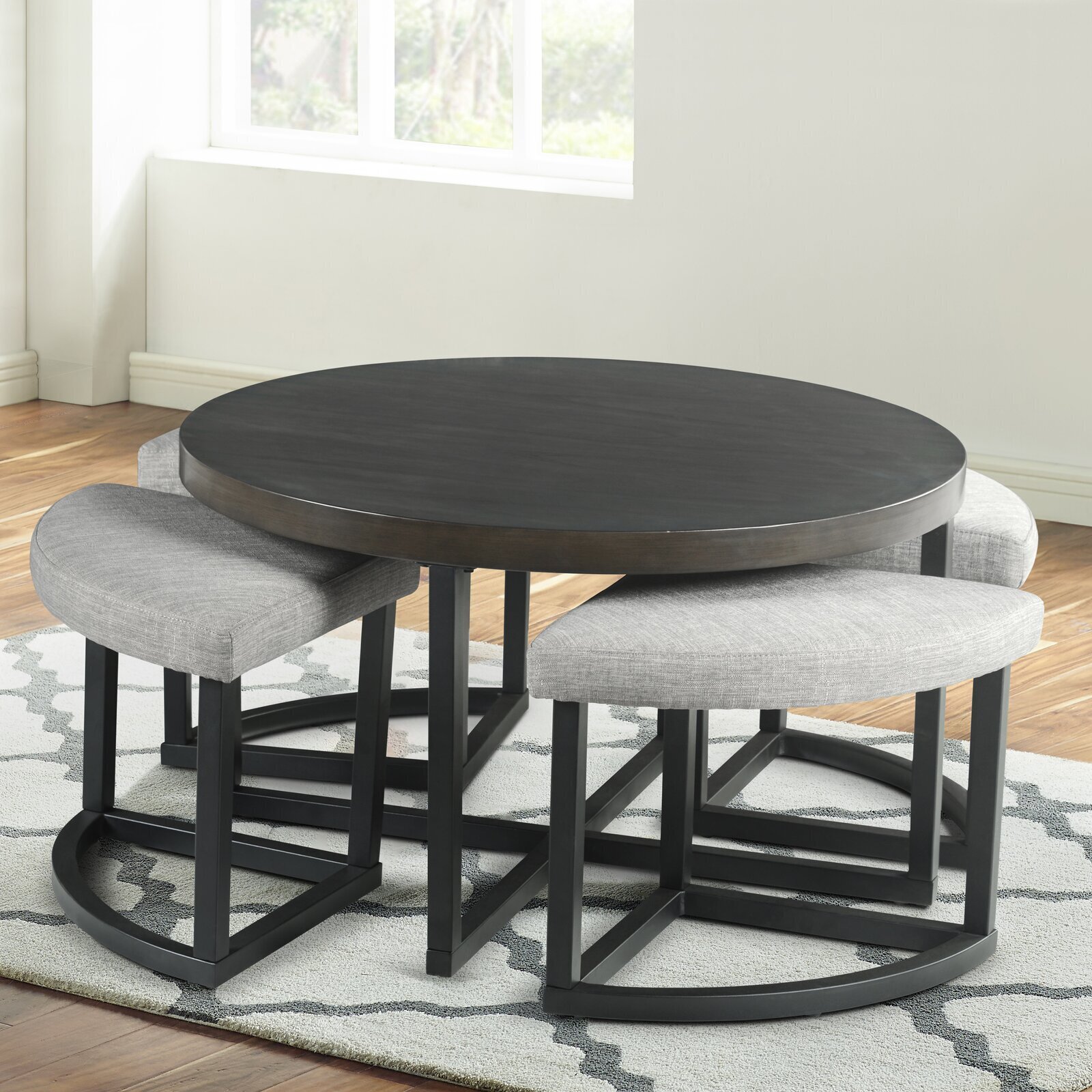 Black Matte Coffee Table With Gray Stools 