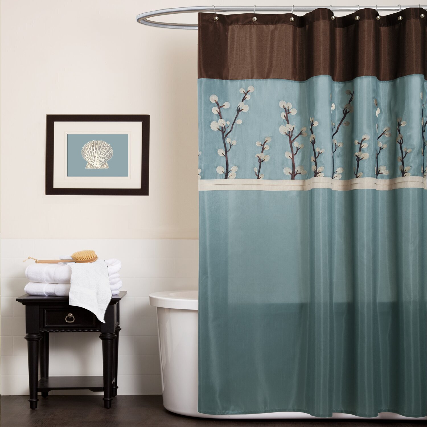 Blue and Brown Shower Curtain With Separated Sections