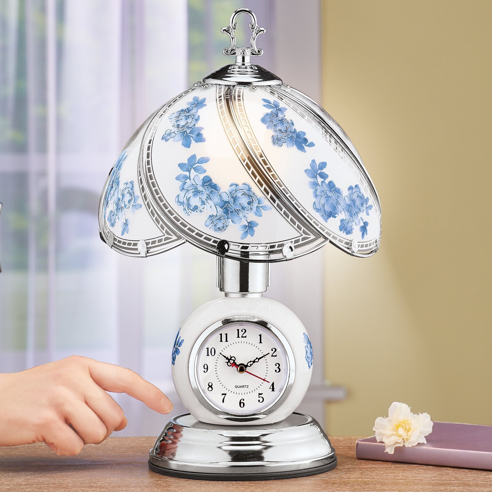 Blue Floral Touch Lamp with Clock
