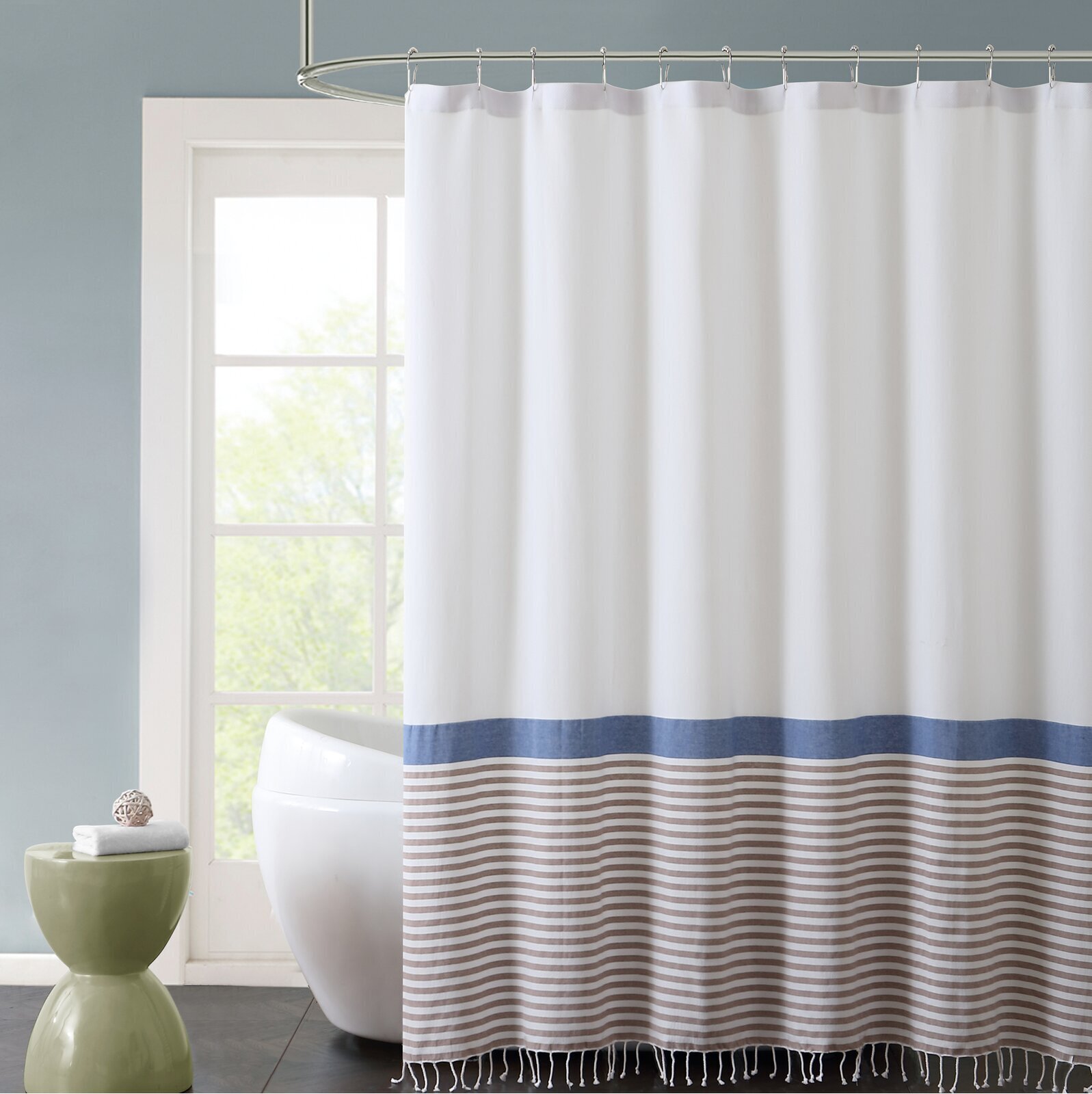 Brown and Blue Shower Curtain With Stripes