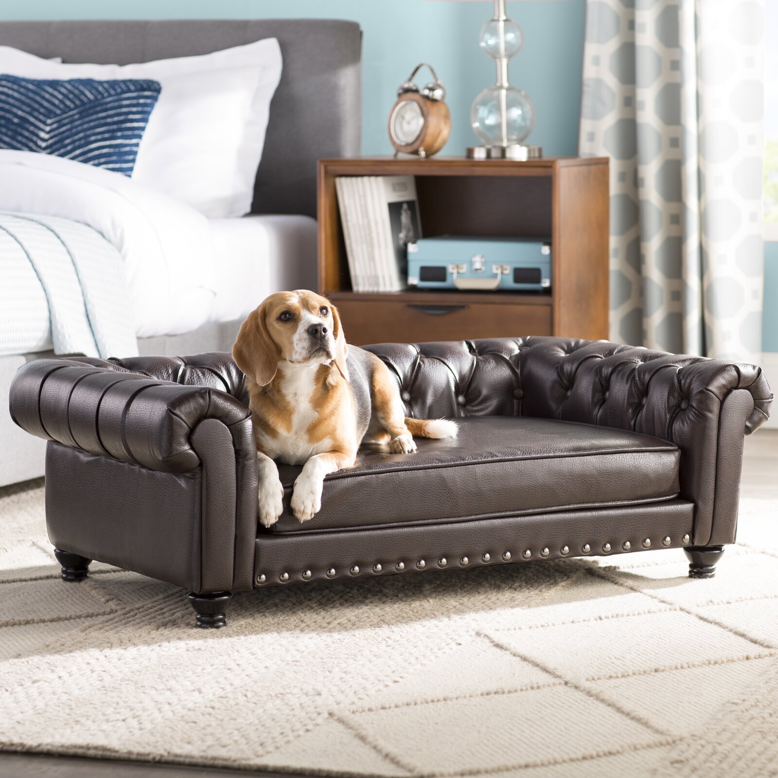 Chesterfield faux leather dog bed