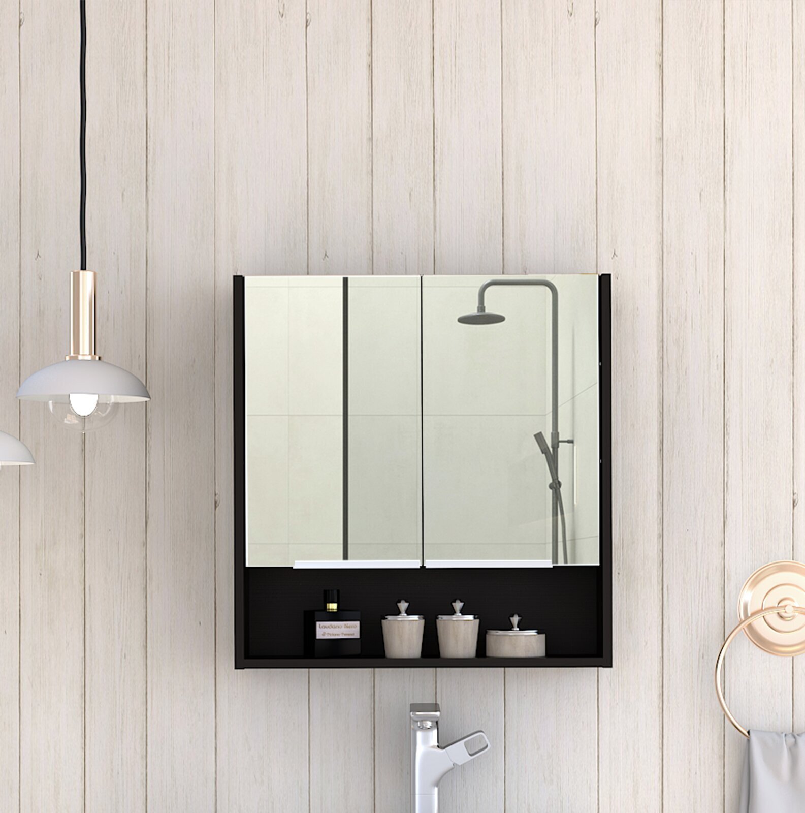 Contemporary recessed medicine cabinet with mirror and open shelf 