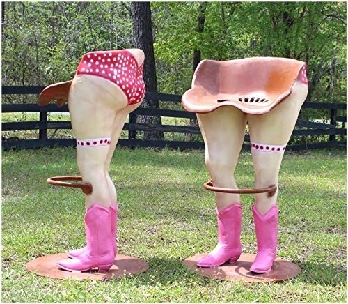 Cow Girls Bar Stools Pair with Pink Polka Dot Bikini Western Boots and Foot Rail