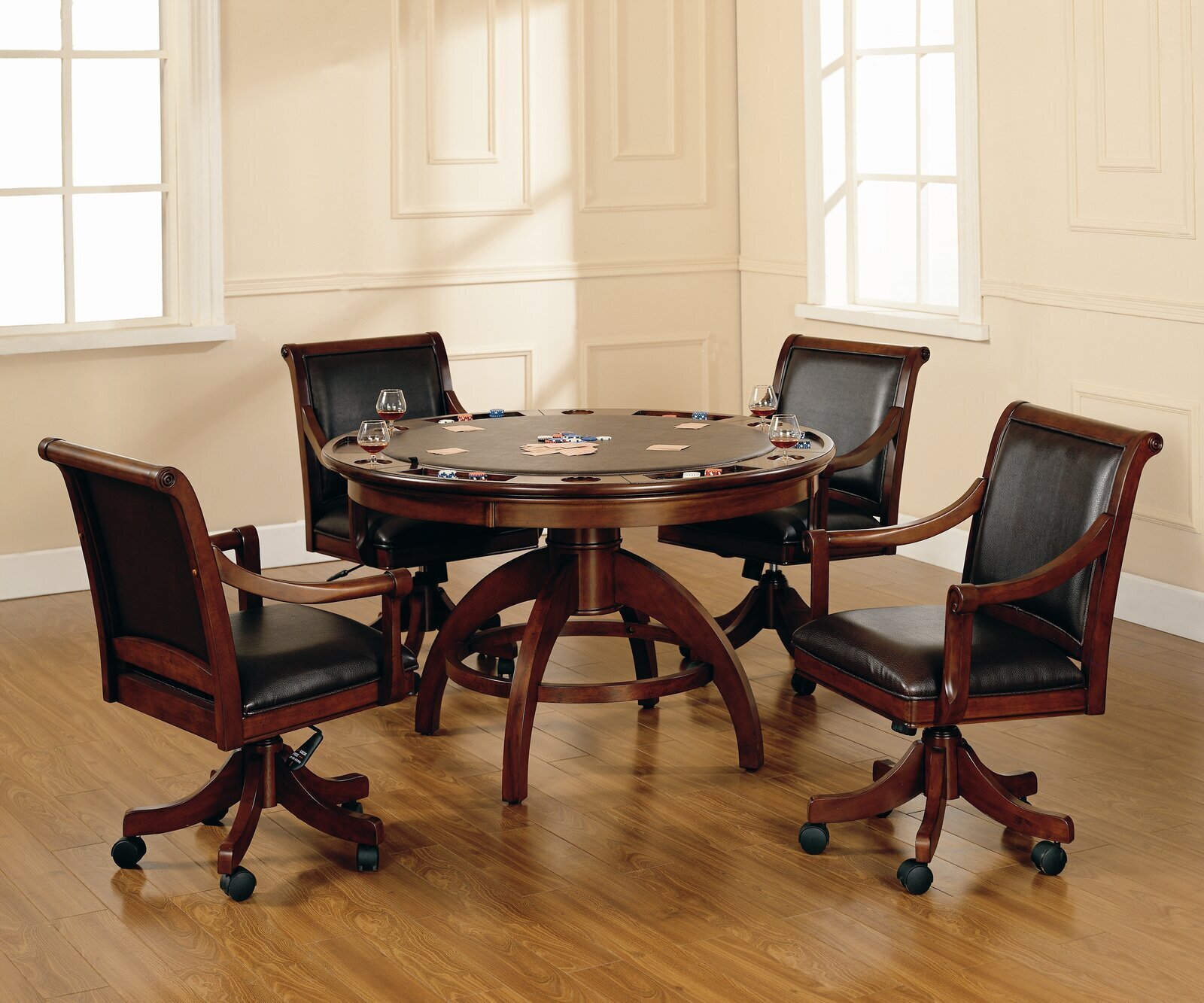 Dark Wood Table With 4 Chairs Complete With Casters  