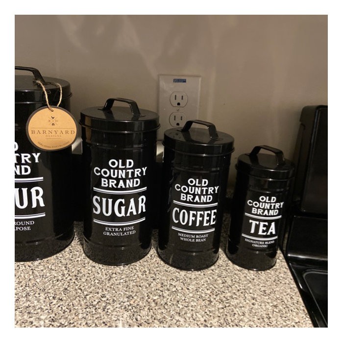 Decorative Nesting Kitchen Canister Jars With Lids, Black Metal Rustic Vintage Farmhouse Container Decor For Flour Sugar Coffee Tea Storage, Set Of 4, Largest Is 5.5” X 11.25”