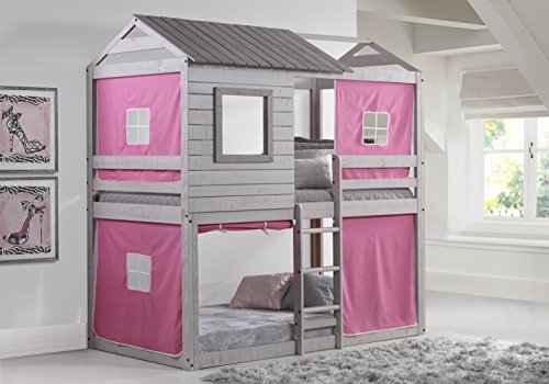 DONCO kids Deer Blind Bunk Loft Bed with Pink Tent, Twin/Twin, Light Grey