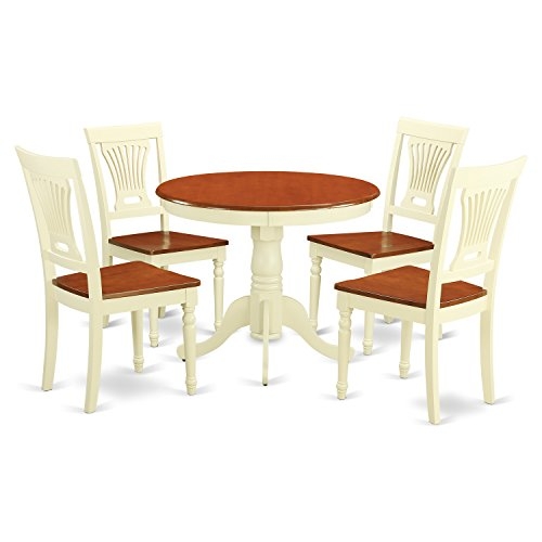 East West Furniture Wooden Dining Table Set- 4 Fantastic Dining Chairs - A Beautiful Dining Room Table- Wooden Seat- Cherry and Buttermilk Round Kitchen Table