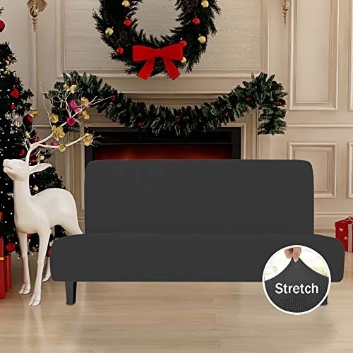 Easy-Going Stretch Sofa Slipcover Armless Sofa Cover Furniture Protector Without Armrests Slipcover Soft with Elastic Bottom for Kids, Spandex Jacquard Small Checks( futon, Dark Gray)