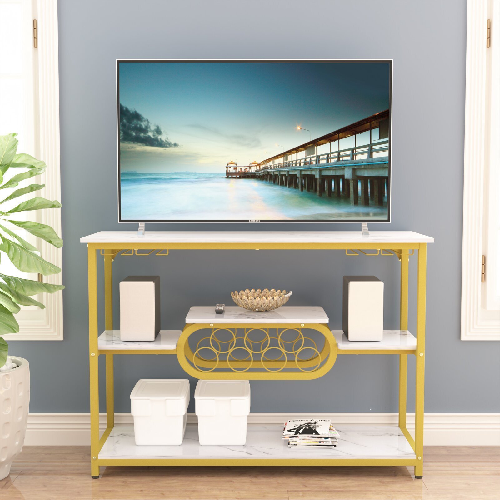 Elegant TV Floor Stand with Wine Rack 