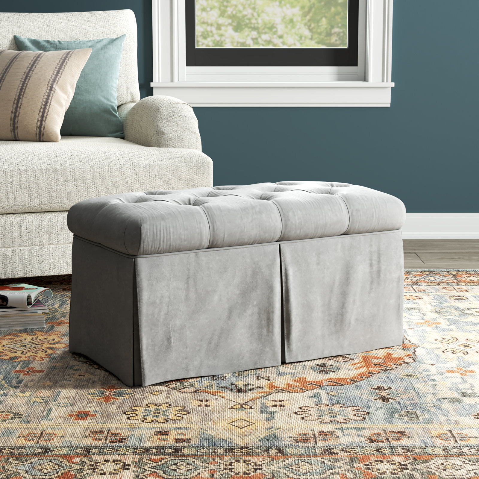 Fabric Skirted Tufted Storage Bench