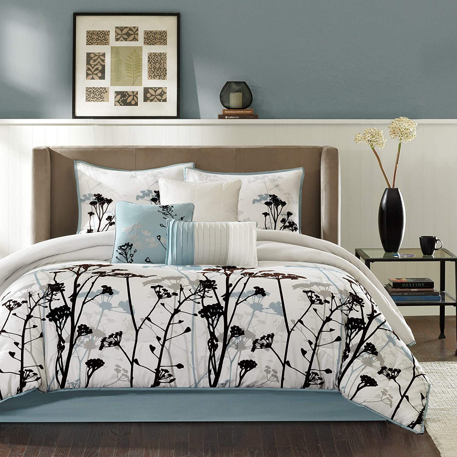 Floral Black and Blue Comforter Set