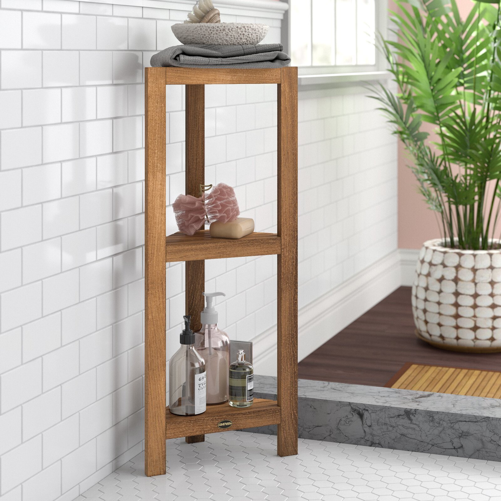 Freestanding 3 tier teak shower shelf 