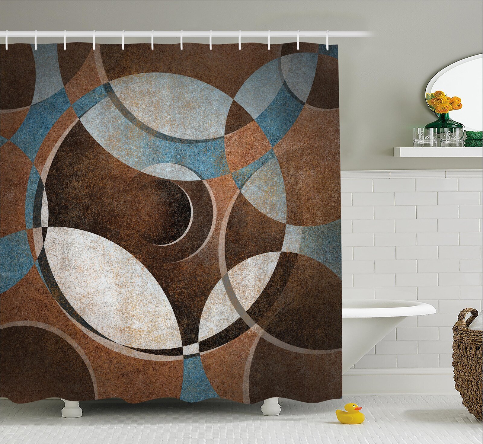 Geometric Brown and Blue Shower Curtain
