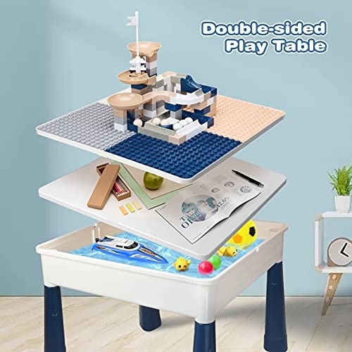 GobiDex 7 in 1 Multi Kids Activity Table Set with 2 Chairs and 100 Pcs Large Size Blocks Compatible with Classic Blocks.Water Table,Sand Table and Building Blocks Table for Toddlers Activity