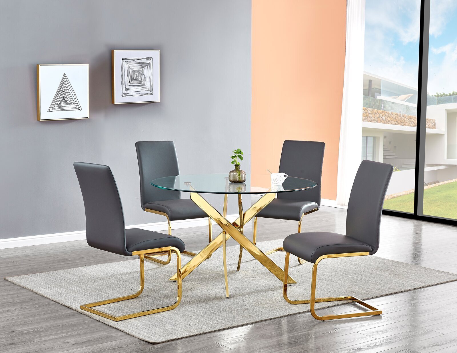 Gold Glass Table With Dark Gray Chairs 