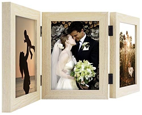 Golden State Art 5x7 Three Picture Frame Trifold Hinged Photo Frame with 3 Openings, Desk Top Family Picture Collage, with Real Glass (5x7 Triple, Beige, 1-Pack)