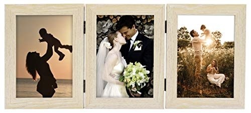 Golden State Art 5x7 Three Picture Frame Trifold Hinged Photo Frame with 3 Openings, Desk Top Family Picture Collage, with Real Glass (5x7 Triple, Beige, 1-Pack)