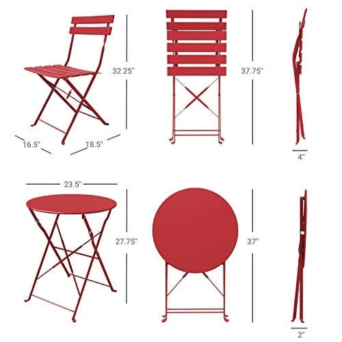 Grand patio Premium Steel Patio Bistro Set, Folding Outdoor Patio Furniture Sets, 3 Piece Patio Set of Foldable Patio Table and Chairs, Red