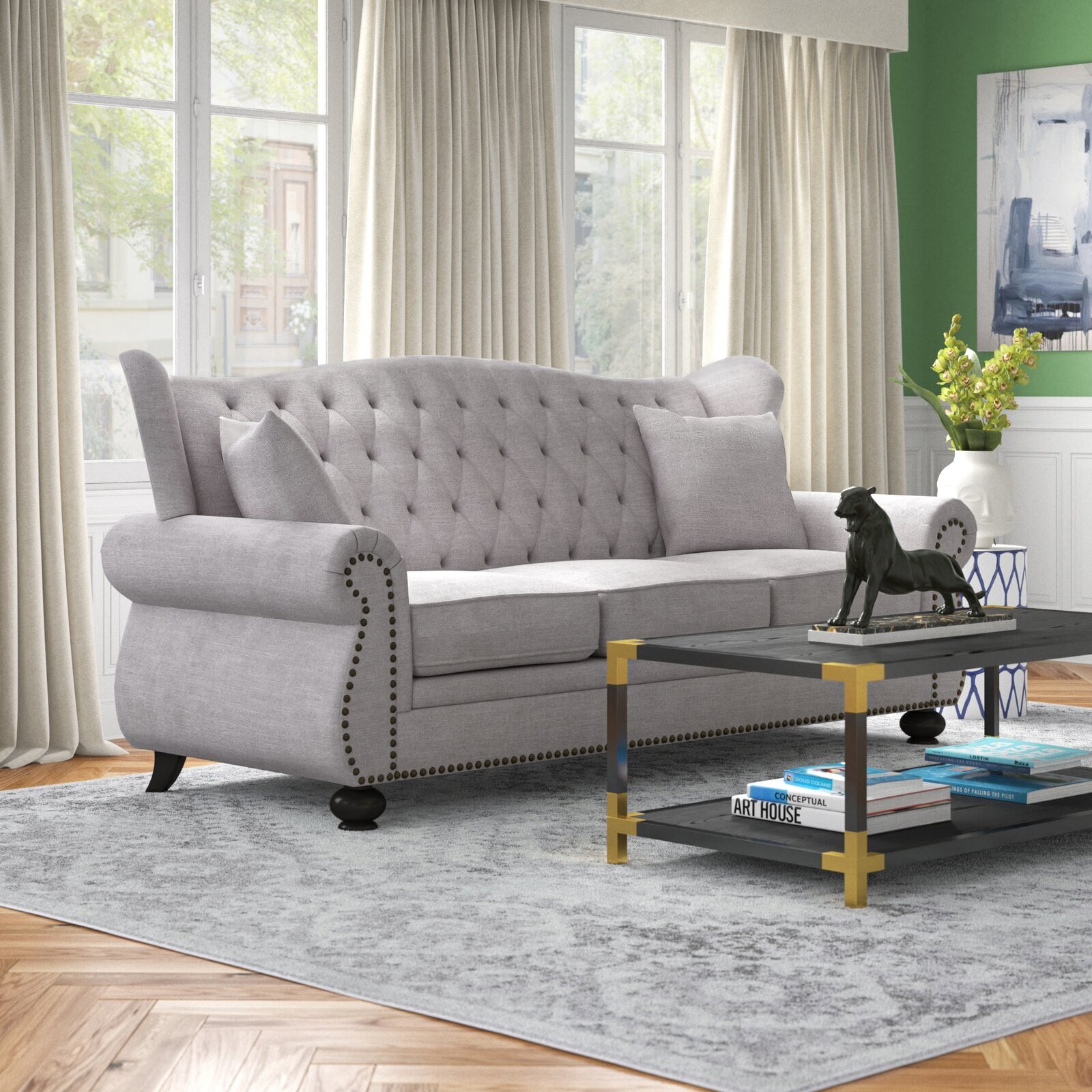 Gray Rolled Arm Sofa With Black Accents 