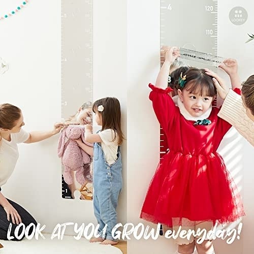 Growth Chart Mirror for Kids by LOOKEY Baby Nursery Playroom Wall Decor Height Ruler with Marking Decal Sticker Acrylic Sheet Full Length Mirror Peel and Stick Tiles Shatterproof Keepsake Milestones