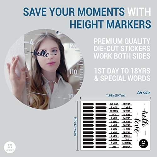 Growth Chart Mirror for Kids by LOOKEY Baby Nursery Playroom Wall Decor Height Ruler with Marking Decal Sticker Acrylic Sheet Full Length Mirror Peel and Stick Tiles Shatterproof Keepsake Milestones