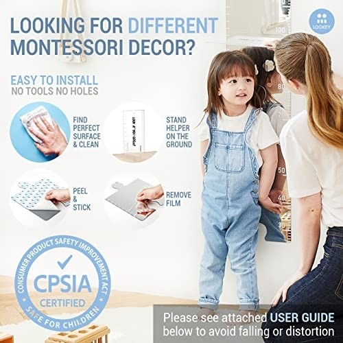 Growth Chart Mirror for Kids by LOOKEY Baby Nursery Playroom Wall Decor Height Ruler with Marking Decal Sticker Acrylic Sheet Full Length Mirror Peel and Stick Tiles Shatterproof Keepsake Milestones