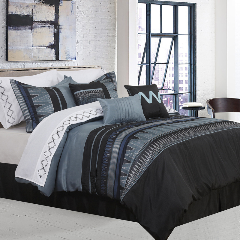 Hewes Black/Blue Microfiber Modern & Contemporary 7 Piece Comforter Set