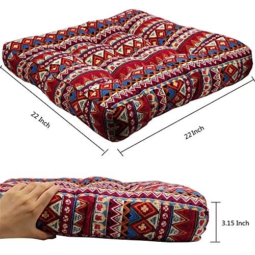 HIGOGOGO Bohemian Floor Pillow, Large Mandala Meditation Pillow Square Boho Seat Cushion Indian Yoga Cushion Floor Pad for Home Bay Window Party Garden Decoration, 22x22 Inch, Stripe Red