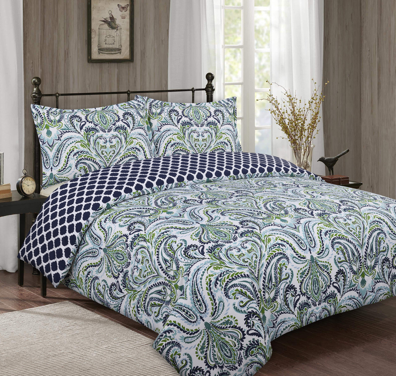 6pc Comforter & Quilt Set Reversible Blue Black & Teal Swirl Design Queen King 
