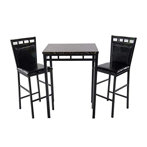Home Source 3-Piece Bistro Set with Counter Height Black Faux Marble Table and 2 Textured Faux Leather Side Chairs (Black/Black)