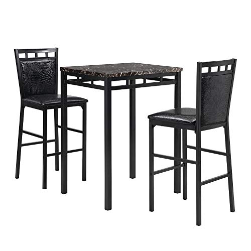 Home Source 3-Piece Bistro Set with Counter Height Black Faux Marble Table and 2 Textured Faux Leather Side Chairs (Black/Black)