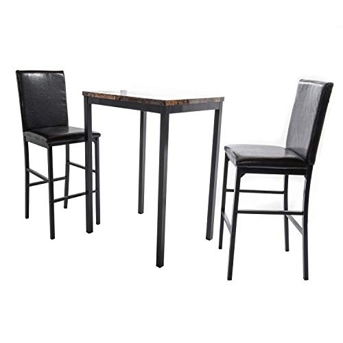 Home Source Della Dark Brown 3-Piece Counter Height Bistro Set with Faux Marble Table and 2 Faux Leather Side Chairs
