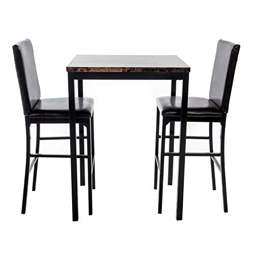 Home Source Della Dark Brown 3-Piece Counter Height Bistro Set with Faux Marble Table and 2 Faux Leather Side Chairs