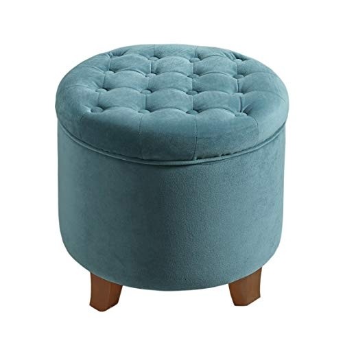 HomePop by Kinfine Fabric Upholstered Round Storage Ottoman - Velvet Button Tufted Ottoman with Removable Lid, Teal