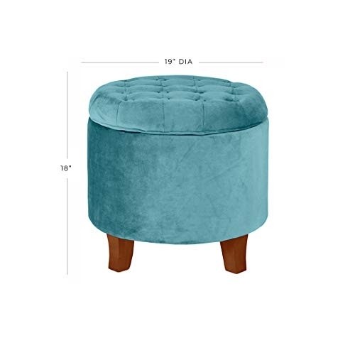 HomePop by Kinfine Fabric Upholstered Round Storage Ottoman - Velvet Button Tufted Ottoman with Removable Lid, Teal
