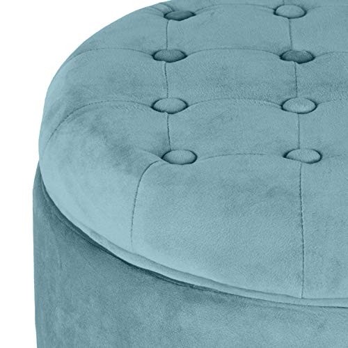 HomePop by Kinfine Fabric Upholstered Round Storage Ottoman - Velvet Button Tufted Ottoman with Removable Lid, Teal
