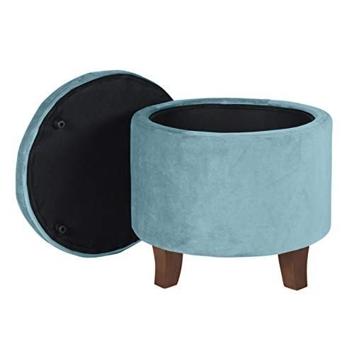 HomePop by Kinfine Fabric Upholstered Round Storage Ottoman - Velvet Button Tufted Ottoman with Removable Lid, Teal