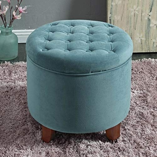 HomePop by Kinfine Fabric Upholstered Round Storage Ottoman - Velvet Button Tufted Ottoman with Removable Lid, Teal