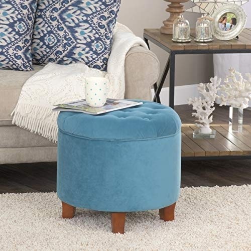HomePop by Kinfine Fabric Upholstered Round Storage Ottoman - Velvet Button Tufted Ottoman with Removable Lid, Teal