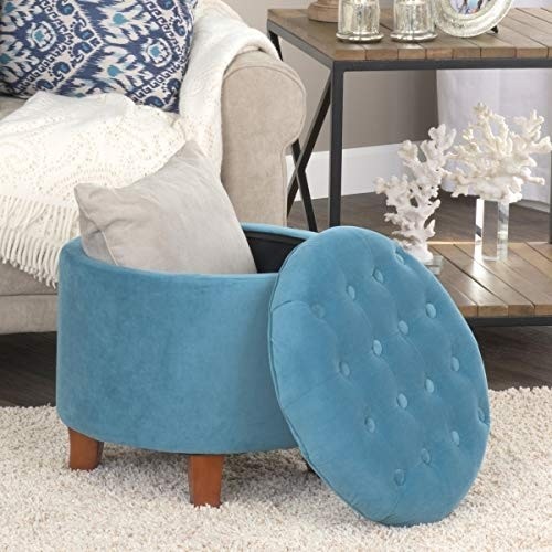 HomePop by Kinfine Fabric Upholstered Round Storage Ottoman - Velvet Button Tufted Ottoman with Removable Lid, Teal