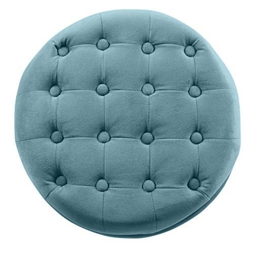 HomePop by Kinfine Fabric Upholstered Round Storage Ottoman - Velvet Button Tufted Ottoman with Removable Lid, Teal
