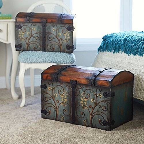 Household Essentials Vintage Wood Storage Trunk, Large, Blue Body/Brown Lid/Floral Design